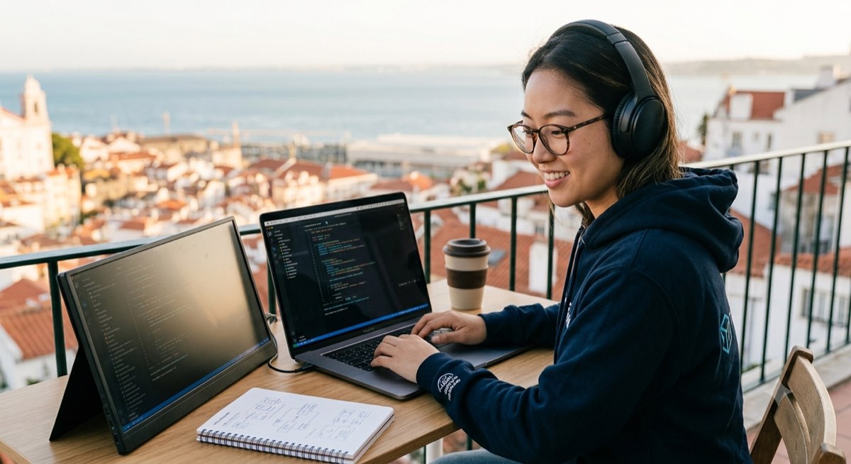 Pessoa desenvolvendo em um notebook com monitor externo, em uma varanda com vista para a cidade